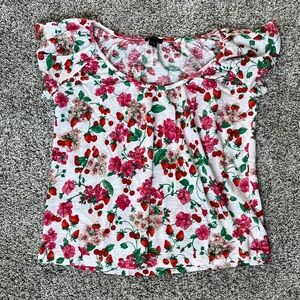 Ann Taylor linen shirt flutter sleeve strawberry & Floral Print Top XS
